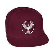 Snapback cap with an embroidered emblem representing a crane, front
