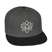 Snapback cap with an embroidered emblem representing a lotus, front