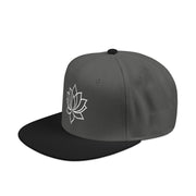 Snapback cap with an embroidered emblem representing a lotus, side