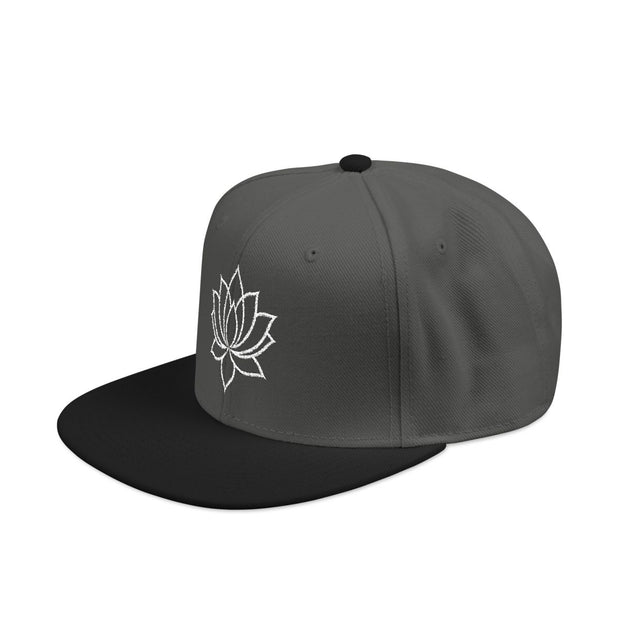 Snapback cap with an embroidered emblem representing a lotus, side