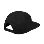 Snapback cap with an embroidered emblem representing a raven, back