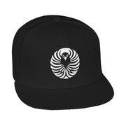 Snapback cap with an embroidered emblem representing a raven, front