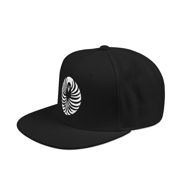 Snapback cap with an embroidered emblem representing a raven, side