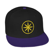 Snapback cap with an embroidered emblem representing a star, front