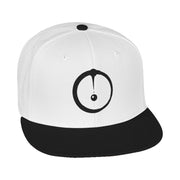 Snapback cap with an embroidered emblem representing a sumi-e ink drop, front