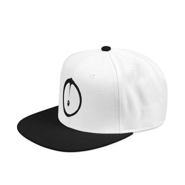 Snapback cap with an embroidered emblem representing a sumi-e ink drop, side