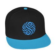 Snapback cap with an embroidered emblem representing a wave, front