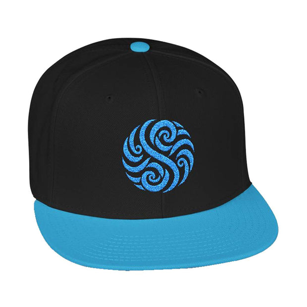 Snapback cap with an embroidered emblem representing a wave, front