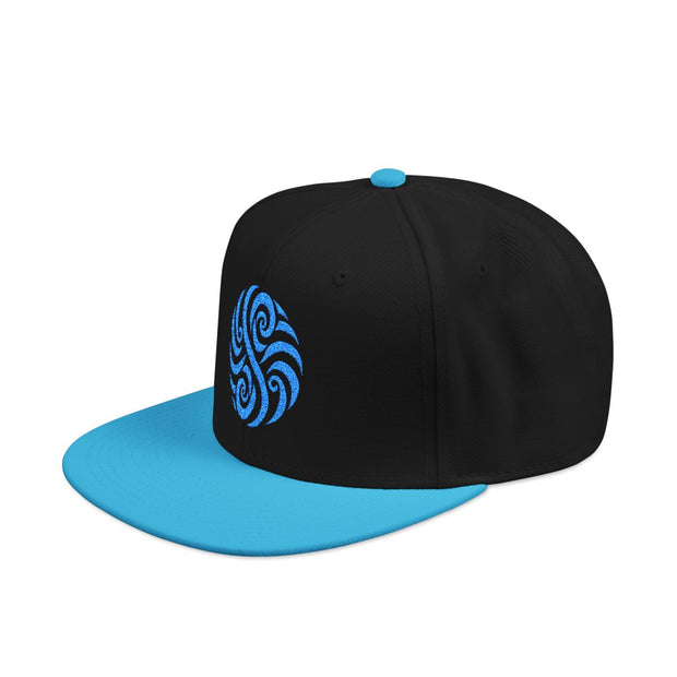 Snapback cap with an embroidered emblem representing a wave, side