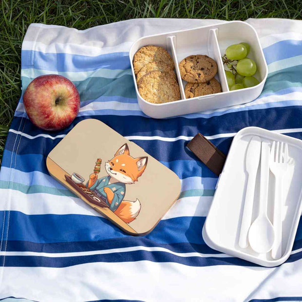 Bento box with a manga style design representing a fox eating yakitori, lifestyle
