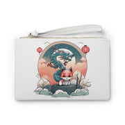 Clutch bag with a pastel design representing a kitsune and a dragon, front