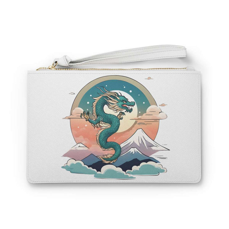 Clutch bag with a pastel design representing a dragon, front