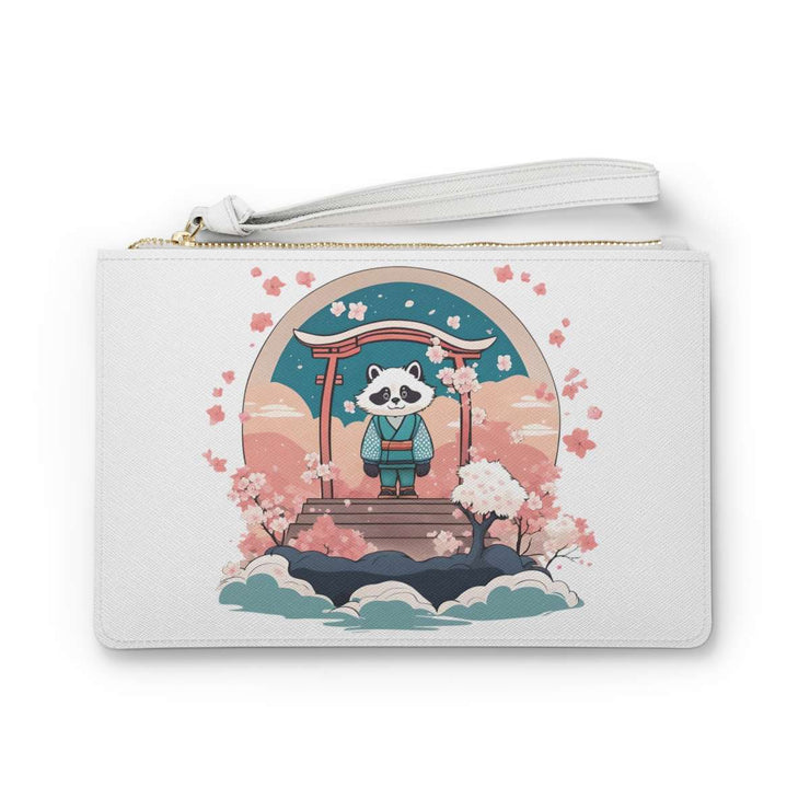 Clutch bag with a pastel design representing a tanuki, front