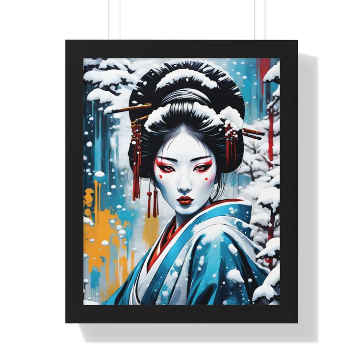 Framed poster with a colors burst design representing a geisha, front