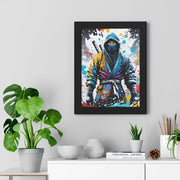 Framed poster with a colors burst design representing a ninja, front 12x16 inch