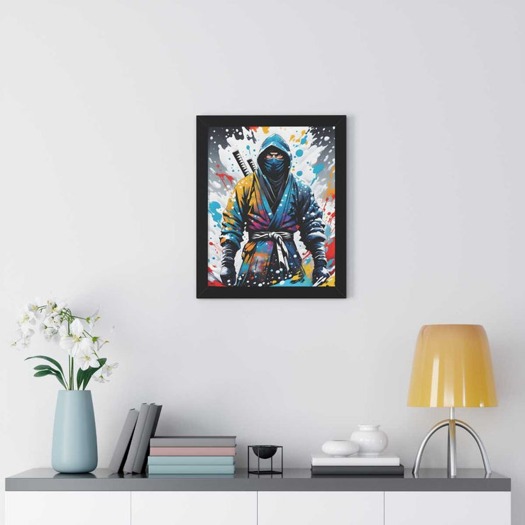 Framed poster with a colors burst design representing a ninja, front 16x20 inch