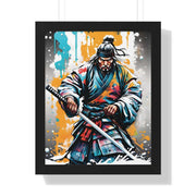 Framed poster with a colors burst design representing a samurai, front