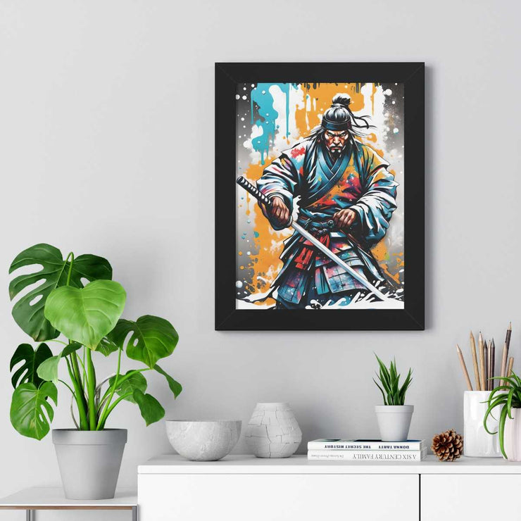 Framed poster with a colors burst design representing a samurai, front 12x16 inch