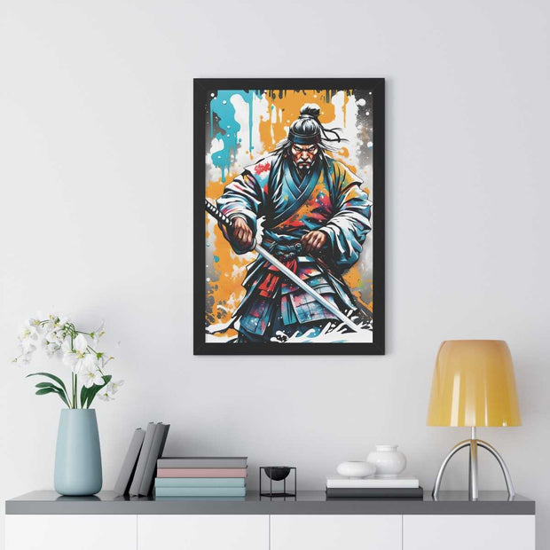 Framed poster with a colors burst design representing a samurai, front 20x30 inch