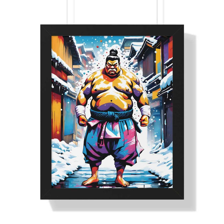 Framed poster with a colors burst design representing a sumo wrestler, front