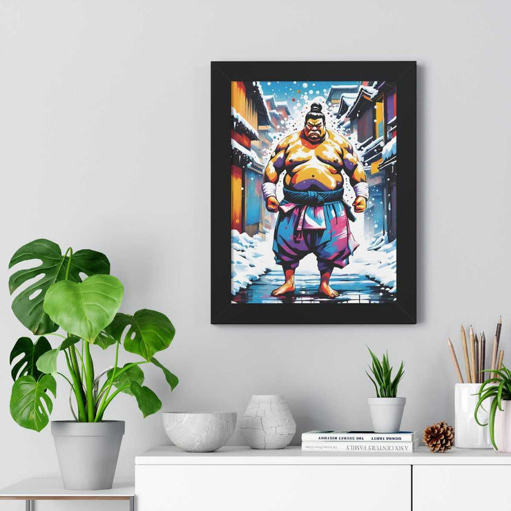 Framed poster with a colors burst design representing a sumo wrestler, front 12x16 inch