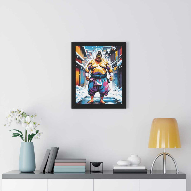 Framed poster with a colors burst design representing a sumo wrestler, front 16x20 inch