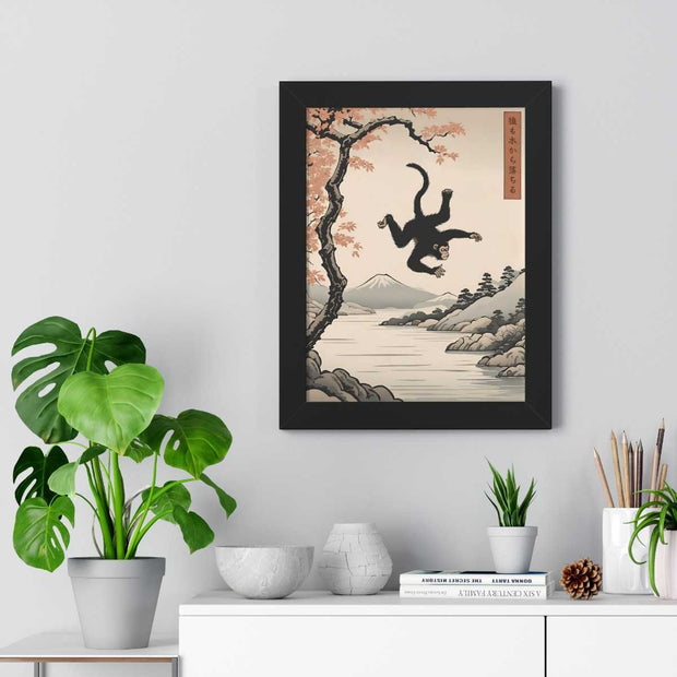 Framed poster illustrating the Japanese proverb "Even monkeys fall", front 12x16 inch