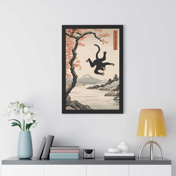 Framed poster illustrating the Japanese proverb "Even monkeys fall", front 20x30 inch