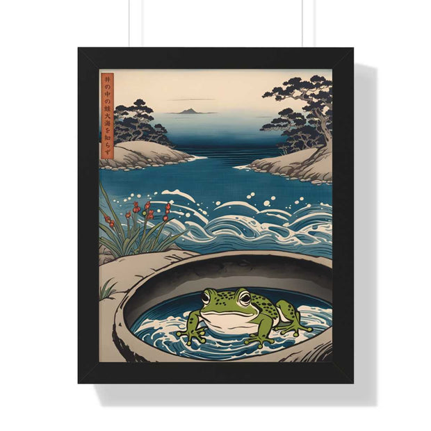 Framed poster illustrating the Japanese proverb "Frog in the well", front