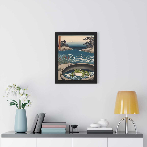 Framed poster illustrating the Japanese proverb "Frog in the well", front 16x20 inch