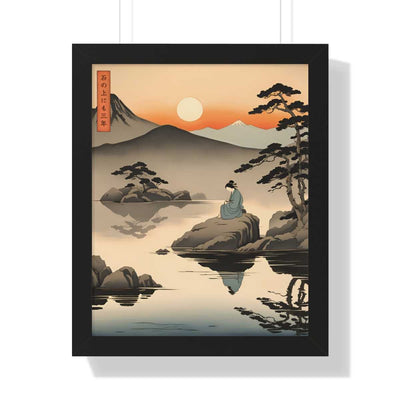 Framed poster illustrating the Japanese proverb "Seating on a stone", front