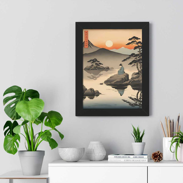 Framed poster illustrating the Japanese proverb "Seating on a stone", front 12x16 inch