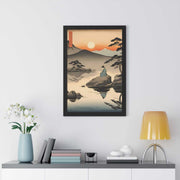 Framed poster illustrating the Japanese proverb "Seating on a stone", front 20x30 inch