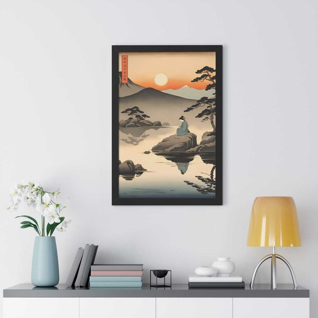 Framed poster illustrating the Japanese proverb "Seating on a stone", front 20x30 inch