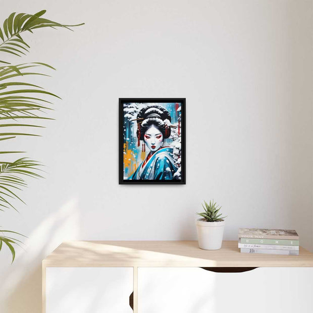Framed printed canvas with a colors burst design representing a geisha, front 12x16 inch