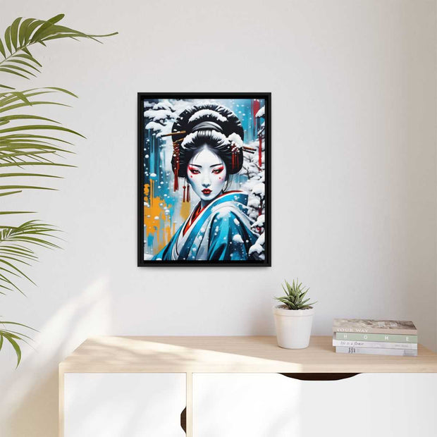 Framed printed canvas with a colors burst design representing a geisha, front 18x24 inch