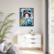 Framed printed canvas with a colors burst design representing a geisha, front 30x40 inch