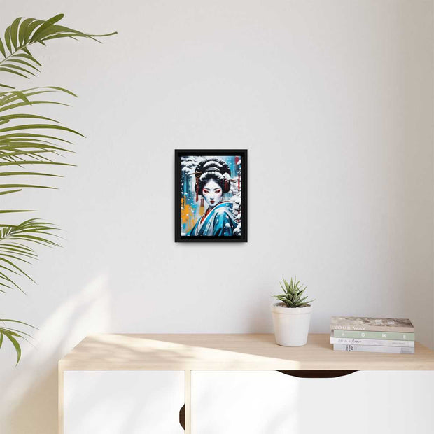 Framed printed canvas with a colors burst design representing a geisha, front 9x12 inch