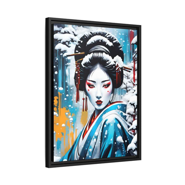 Framed printed canvas with a colors burst design representing a geisha, side
