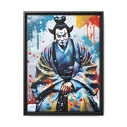 Framed printed canvas with a colors burst design representing a Kabuki actor, front