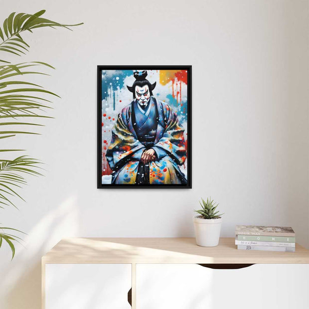 Framed printed canvas with a colors burst design representing a Kabuki actor, front 18x24 inch