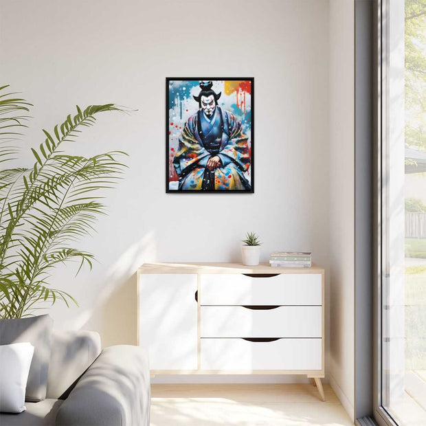 Framed printed canvas with a colors burst design representing a Kabuki actor, front 24x32 inch