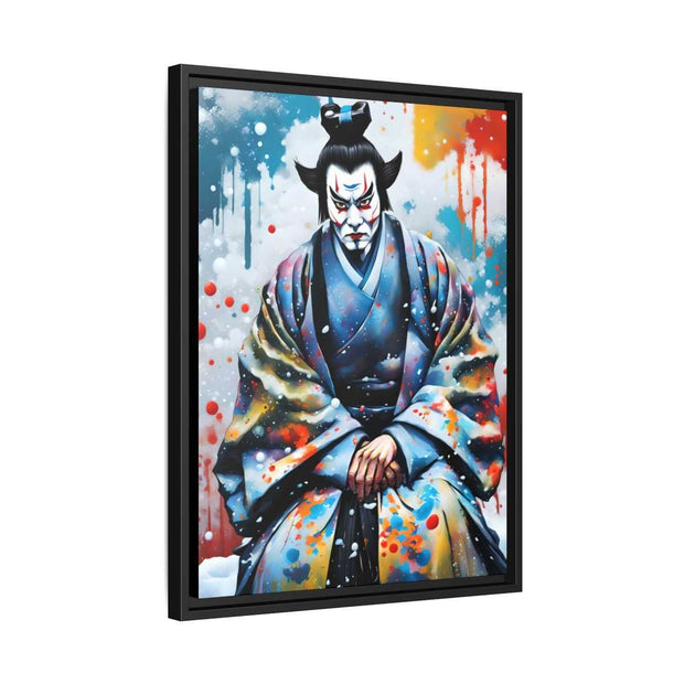 Framed printed canvas with a colors burst design representing a Kabuki actor, side
