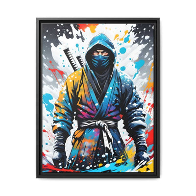 Framed printed canvas with a colors burst design representing a ninja, front