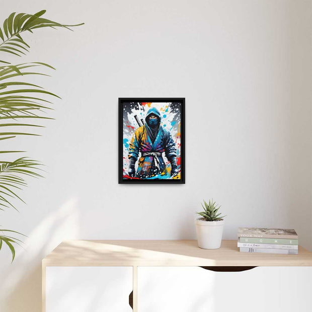 Framed printed canvas with a colors burst design representing a ninja, front 12x16 inch