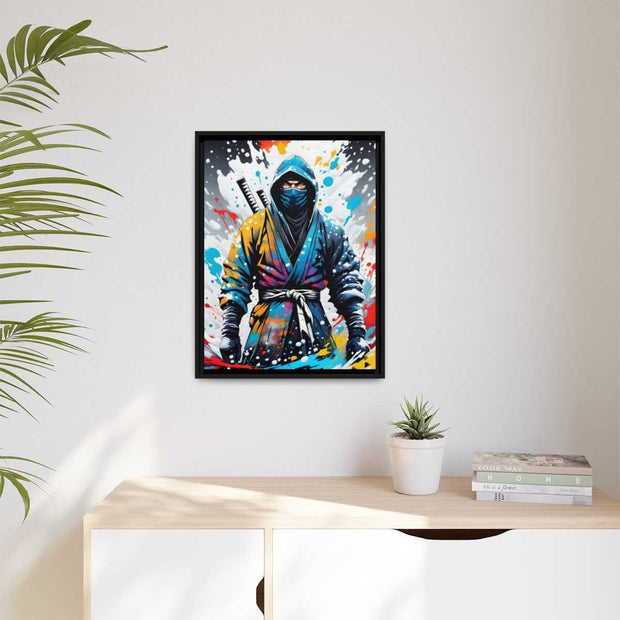 Framed printed canvas with a colors burst design representing a ninja, front 18x24 inch
