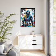Framed printed canvas with a colors burst design representing a ninja, front 30x40 inch