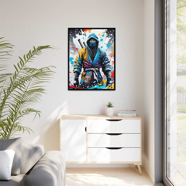 Framed printed canvas with a colors burst design representing a ninja, front 30x40 inch