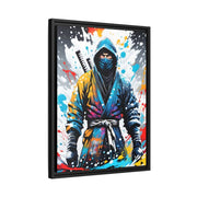 Framed printed canvas with a colors burst design representing a ninja, side