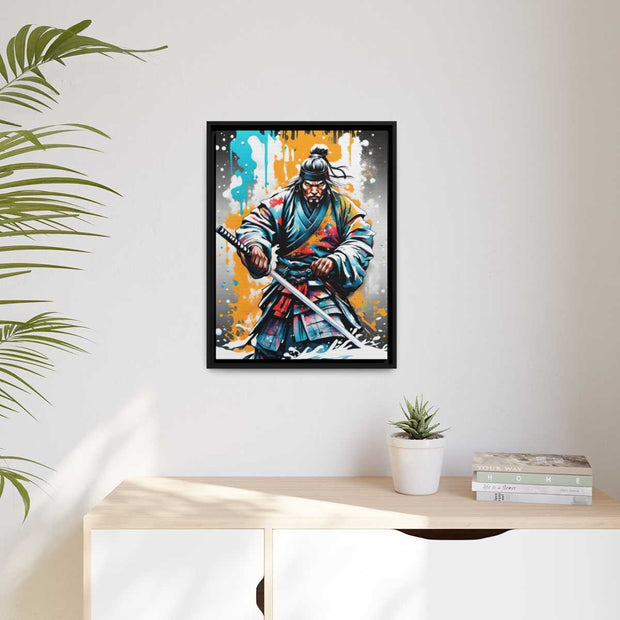 Framed printed canvas with a colors burst design representing a samurai, front 18x24 inch